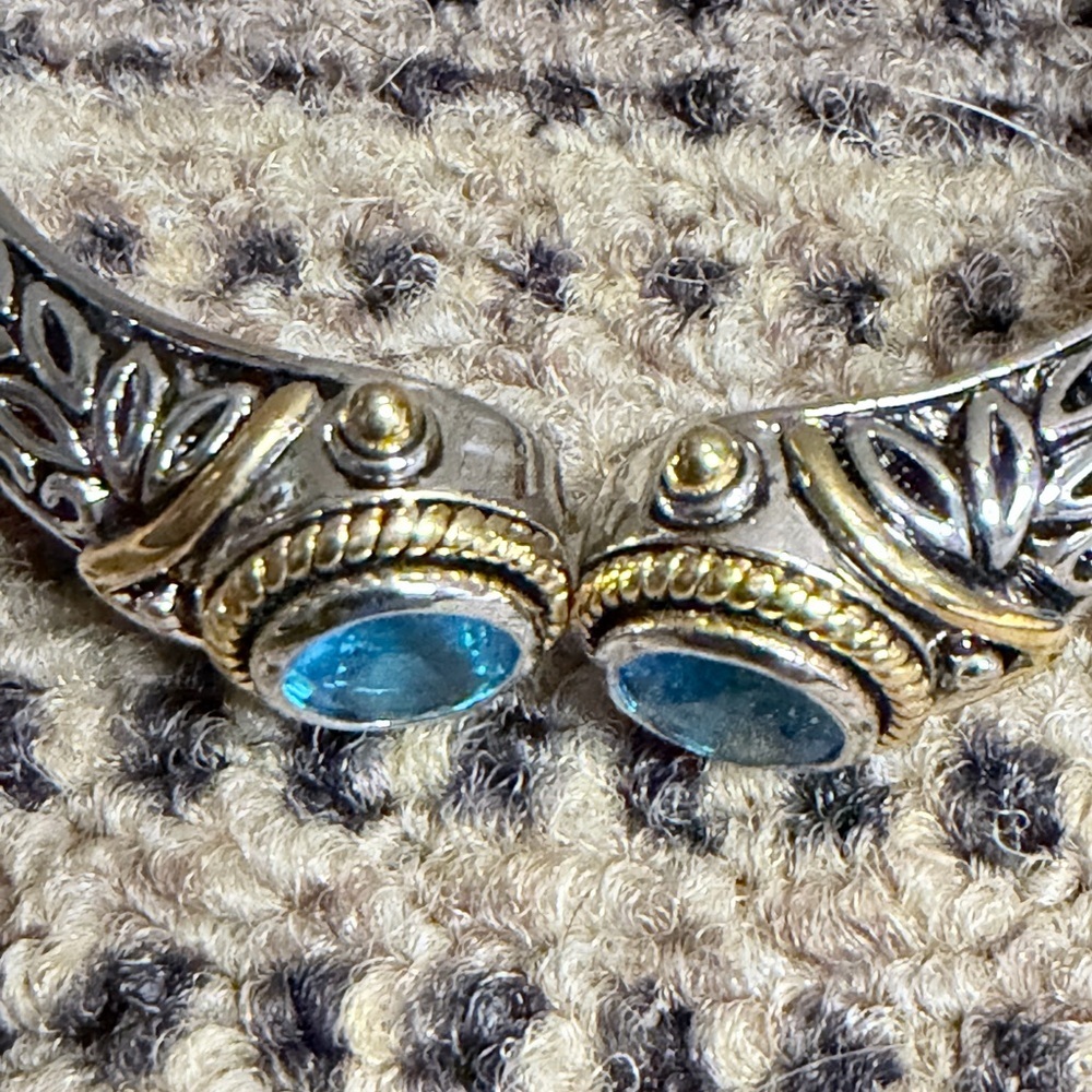 Elegant Silver and Gold Tone Bracelet Blue Accents Dec Birthstone Hinge Bangle - Picture 8 of 10